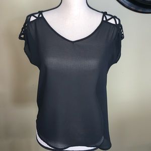Sheer black top with cut out sleeves